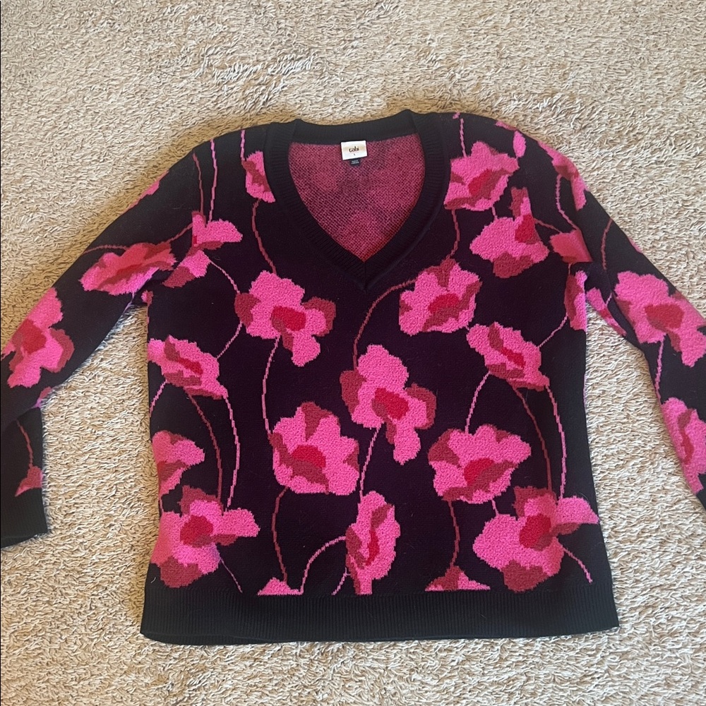 CAbi Black V-Neck Sweater with Pink Floral Poppy